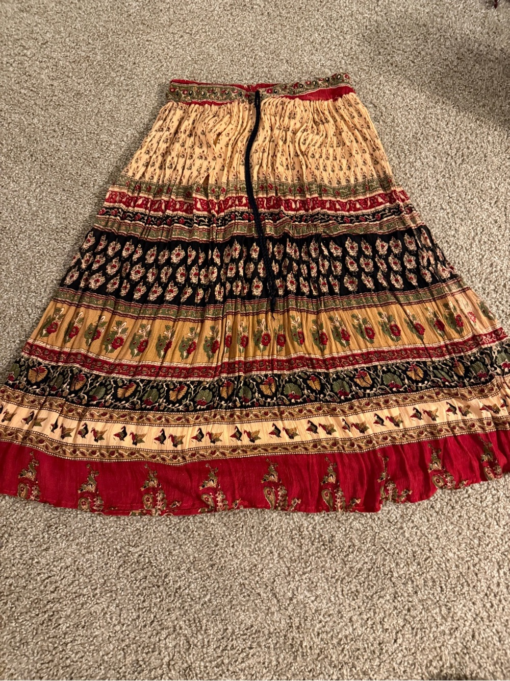 Boho Tiered Midi Skirt in Red, Cream & Black